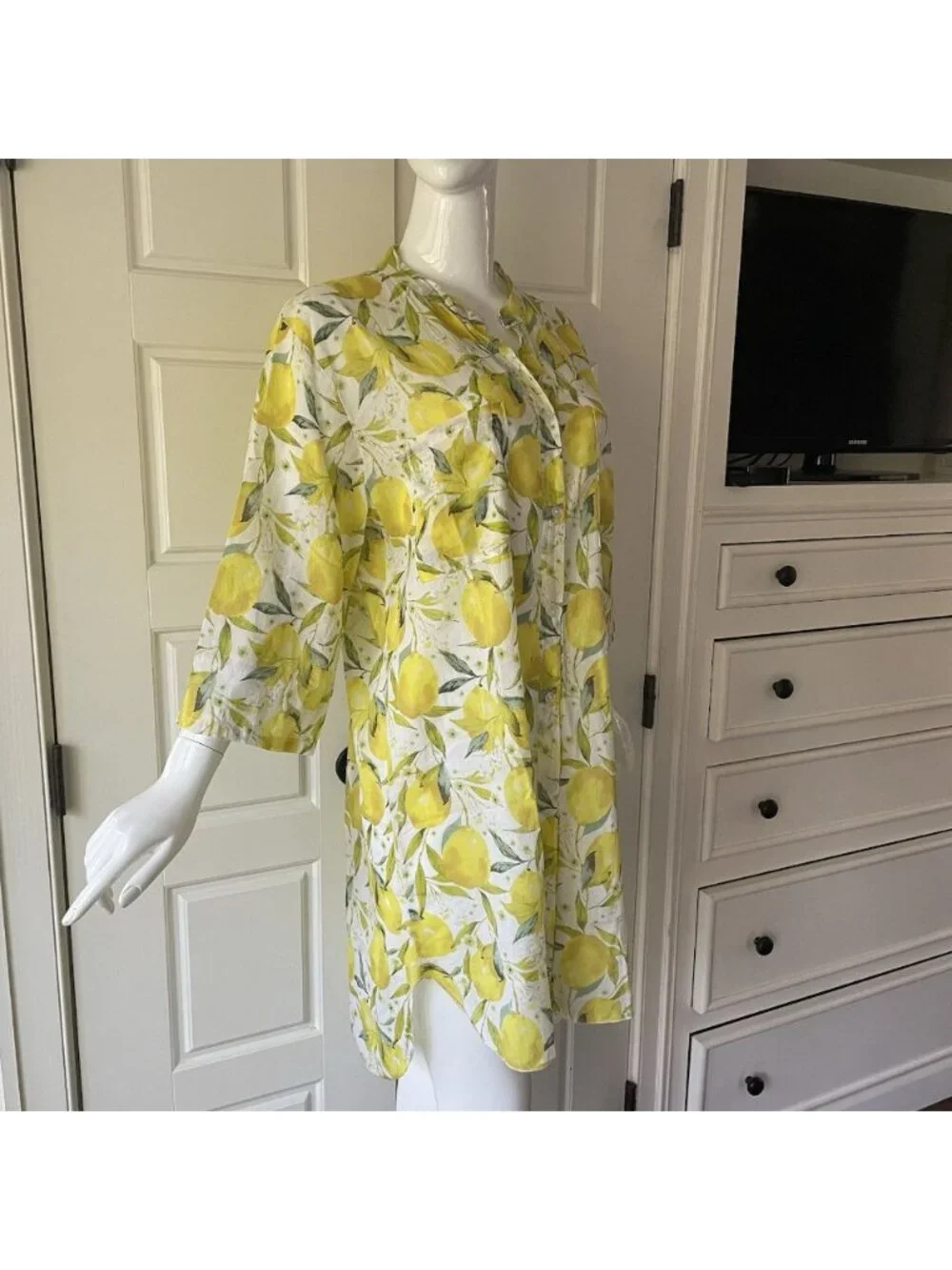 Cotton Voile Lemon Shirt Dress in Limoncello Made In Italy Large Or OS Vacation - Picture 1 of 12